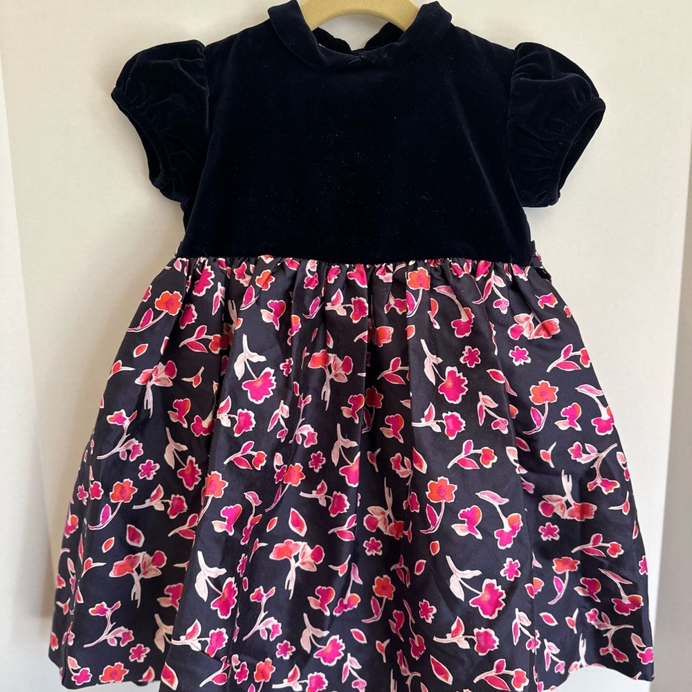 Oscar De La Renta Silk & Velvet Navy and Pink Floral Dress